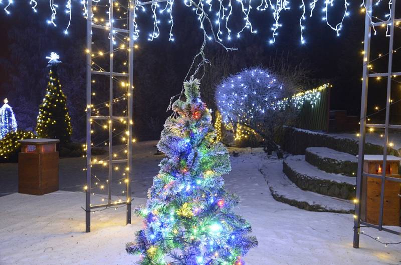 Vánočně osvětlená zahrada Masákových v Nové Pace.