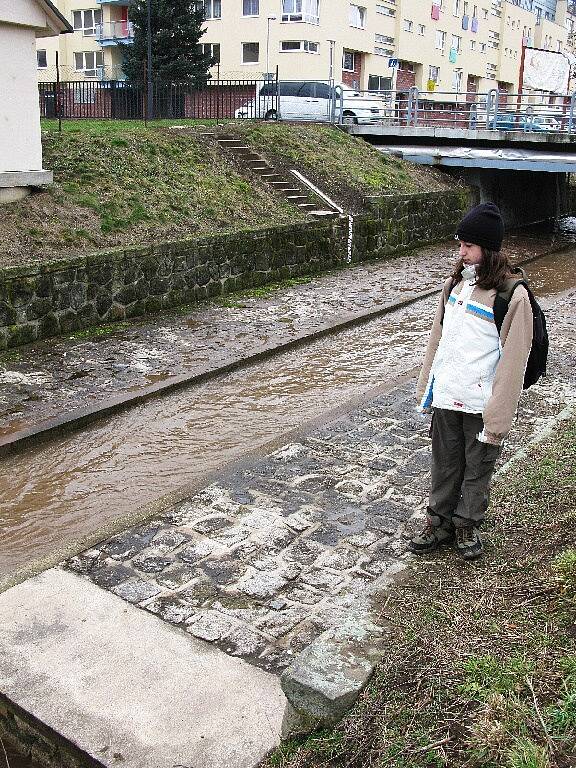 Stav Cidliny v Jičíně v poledne 6. března, povodeň zatím nehrozí.