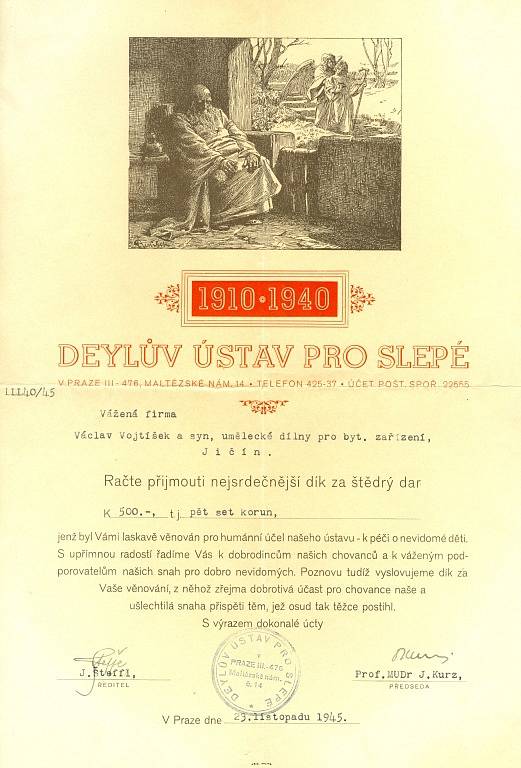Deylův ústav pro slepé. Poděkování Václavu Vojtíškovi za poskytnutý peněžní dar. 1945. 