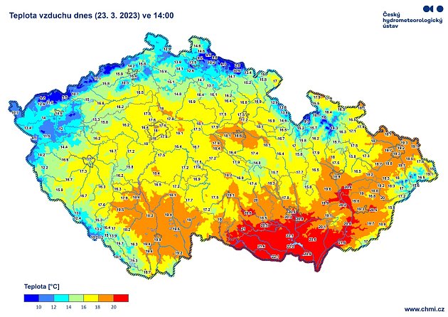 Teplotní mapa pro Česko 23. března 2023.