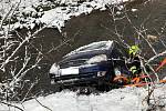 Lednové nehody na Vysočině. V jihlavské v ulici Křižíkova řidič osobního vozidla zřejmě při neopatrném couvání dostal s autem smyk a spadl s vozidlem do řeky.