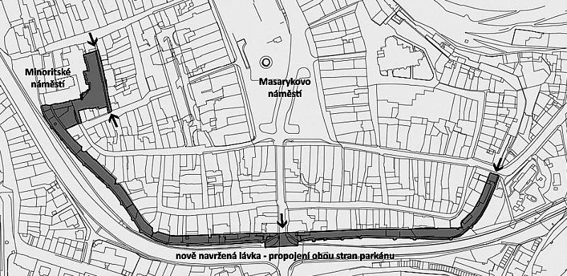 Pokud by někdy v budoucnosti vyrostla lávka přes Znojemskou ulici, bylo by možné chodit nerušeně z Minoritského náměstí u brány Matky Boží až do Brněnské ulice. 