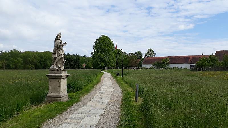 Cesta Na Dlážkách v Telči spojuje historické centrum města s kostelem Matky Boží na Starém Městě. Cesta vede podél Staroměstského rybníka a lemují ji barokní sochy světců.