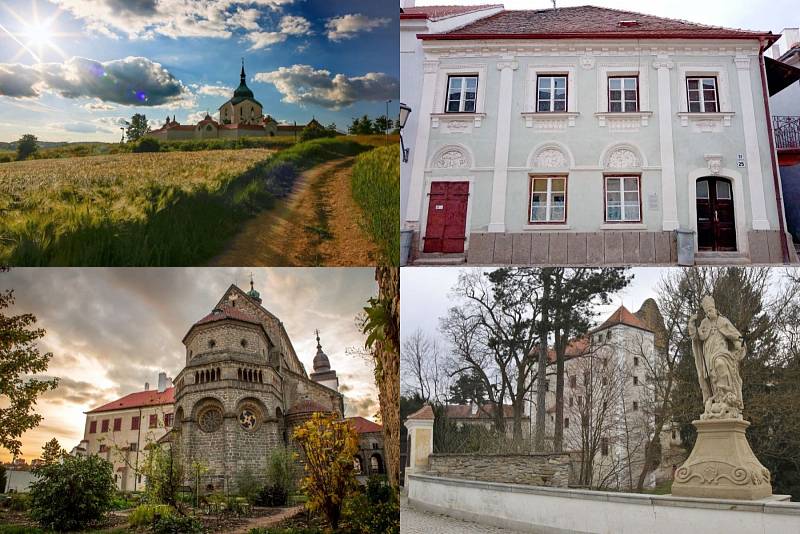 Památky na Vysočině. Zleva nahoře Poutní kostel sv. Jana Nepomuckého na Zelené hoře, vedle Židovská čtvrť Třebíč. Vlevo dole Bazilika sv. Prokopa Třebíč, vedle Státní zámek Telč