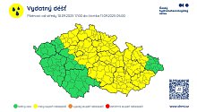 Aktuální výstraha ČHMÚ před vydatným deštěm, který má udeřit ve středu 10. září navečer.