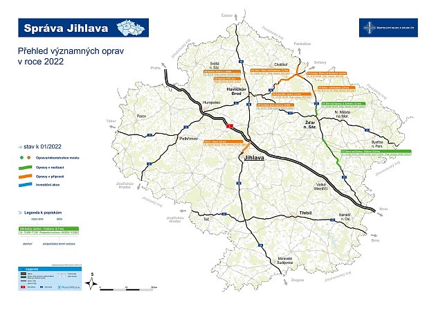 Opravy silnic I. třídy na Vysočině v roce 2022.