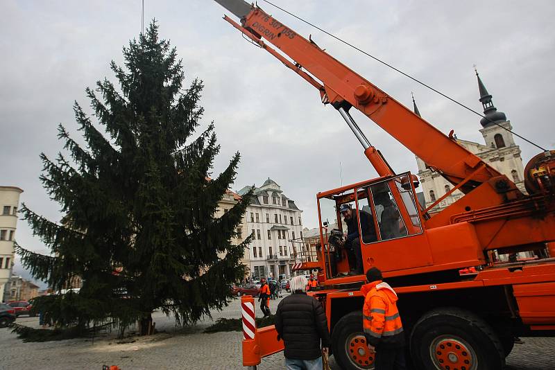 Instalace Vánočního stromu na Masarykově náměstí v Jihlavě.