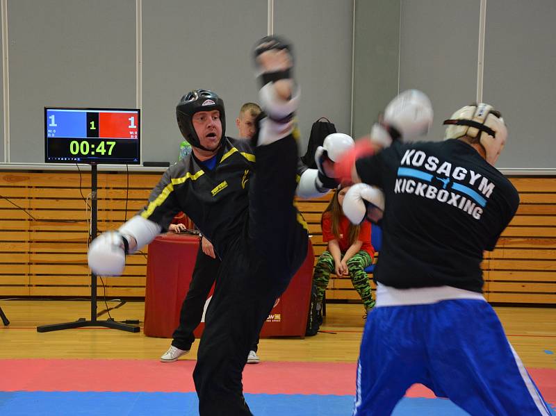 Josef Bílek (vlevo) se probojoval až do finále Pointfighting Veteráni, kde se střetl s Petrem Tahalem z Kosagymu Praha. Bílek bral nakonec stříbro.