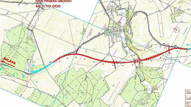 Červenou barvou je označen tříkilometrový úsek obchvatu, který vyroste u Příseky. Reprofoto.