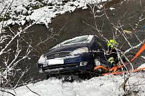 V jihlavské v ulici Křižíkova řidič osobního vozidla zřejmě při neopatrném couvání dostal s autem smyk a  spadl s vozidlem do řeky.
