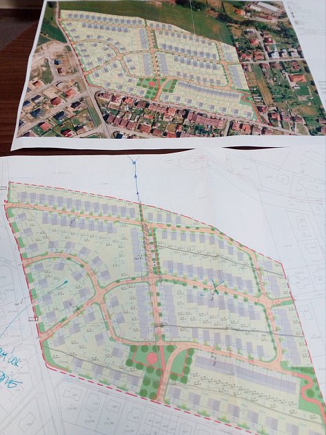 Plán části městyse, kde by mělo na zelené louce vyrůst zcela nové sídliště.