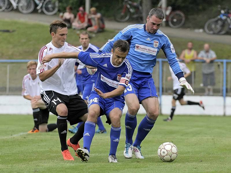 Fotbalisté Banské Bystrice (v modrém zprava brankář Peter Boroš a Saša Savič) získali Perleťový pohár. Ve finále nejstaršího turnaje porazili Viktorii Žižkov (v bílém Daniel Bartl).