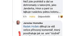 Jaroslav Homolka sdílel příspěvek týkající se ostrého komentáře kandidáta na primátora Radka Hoška, následuje Homolkova reakce. Kritika mířila na Ericha Janderku, který je stejně jako Homolka na kandidátce Jihlava srdcem.
