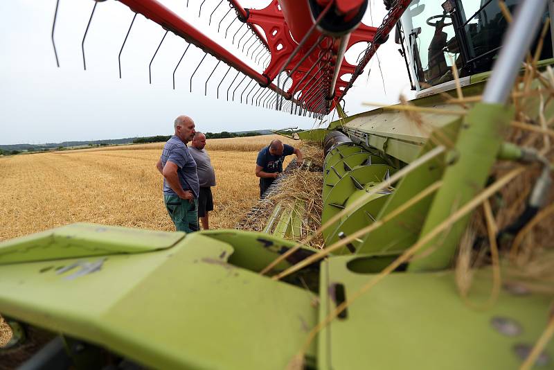 Zlátnoucí obilí měnící se ve strniště je symbolem letních prázdnin. Kombajny vyrazily na pole, jehož kulisou jsou chladící věže dukovanské jaderné elektrárny.