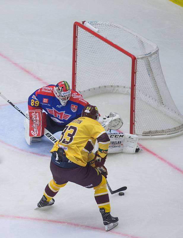 Šesté kolo hokejové Chance ligy mezi HC Dukla Jihlava a ČEZ Motor České Budějovice.