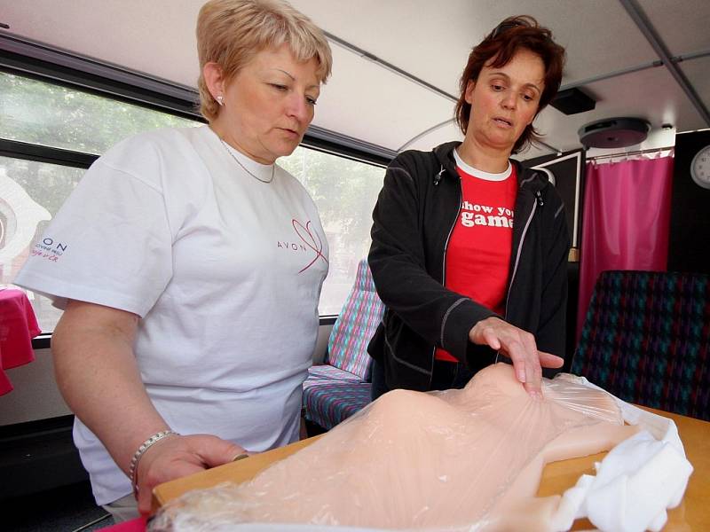Příchozím ženám ukazovala posádka růžového autobusu, jak se správně mohou doma samy vyšetřit a zjistit včas, zda nemají rakovinu prsu.
