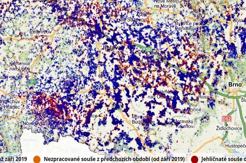 Kůrovcová mapa. Jak vypadá situace na Vysočině. Tmavě modrá značí těžbu jehličnatého dříví v období září 2019 až duben 2020.