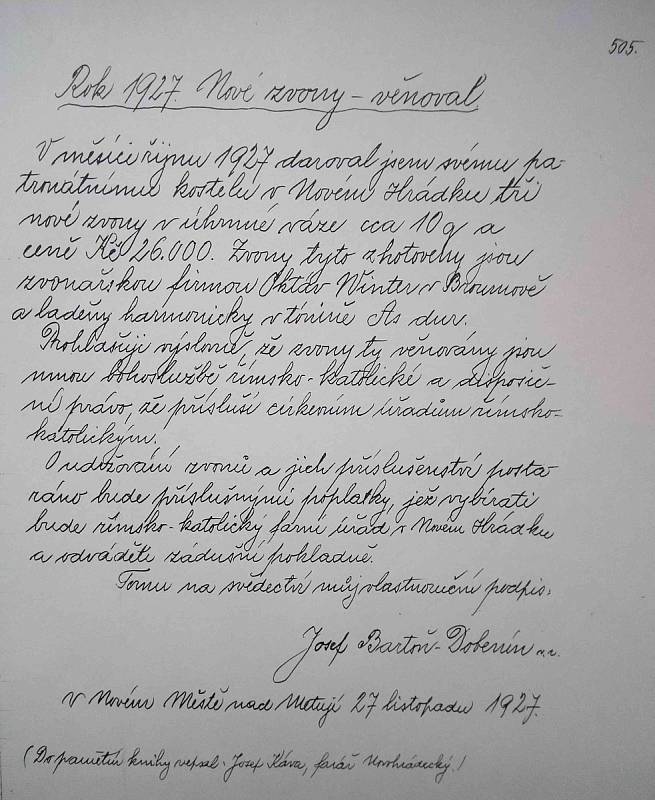 Darovací listina na zvony od Josefa Bartoně-Dobenína z roku 1927.