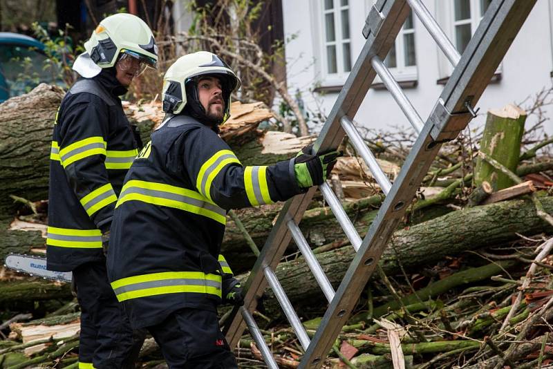 V obci Vršovka nedaleko Nového Města nad Metují spadl vzrostlý strom na dům, poškodil i zaparkovaný automobil.