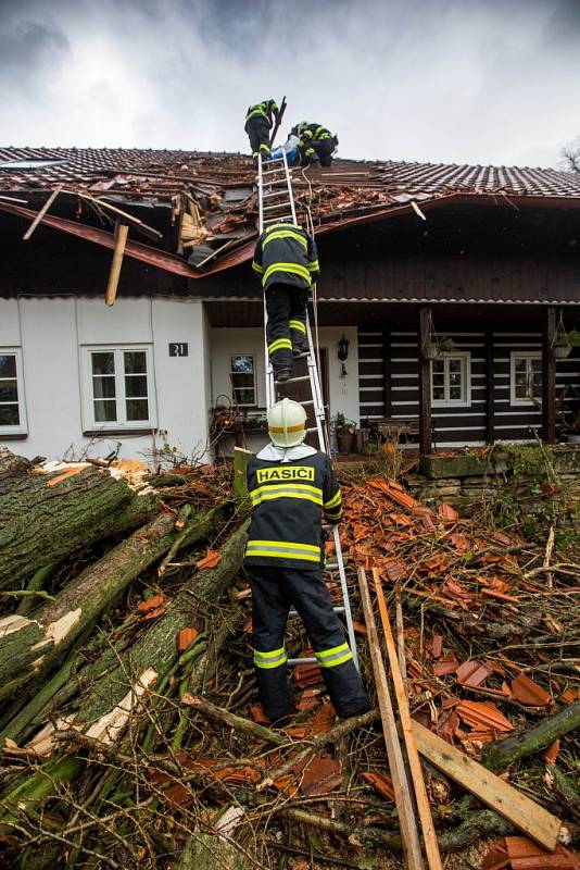 V obci Vršovka nedaleko Nového Města nad Metují spadl vzrostlý strom na dům, poškodil i zaparkovaný automobil.