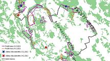 Prošlé trasy a nálezy vlka obecného během celoplošného mapování vlků na Broumovsku 13. - 14. 2. 2021 (neprůkazný nález je označený symbolem „?“).