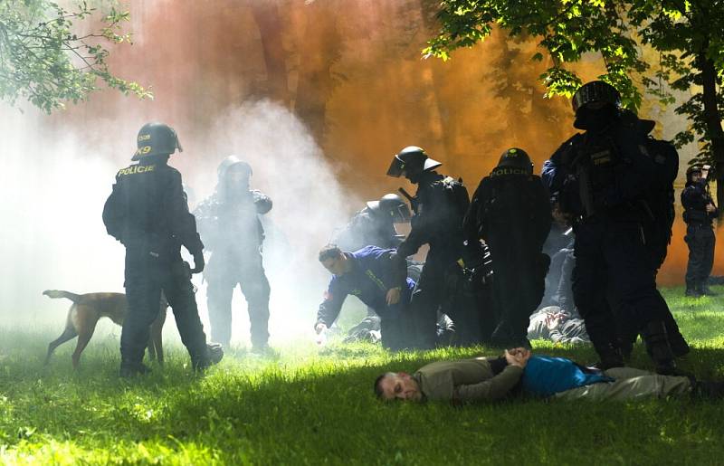 Speciální pořádková jednotka z Prahy pořádala taktické cvičení proti demonstrantům. Konalo se v celém pevnostním městě Josefov. 