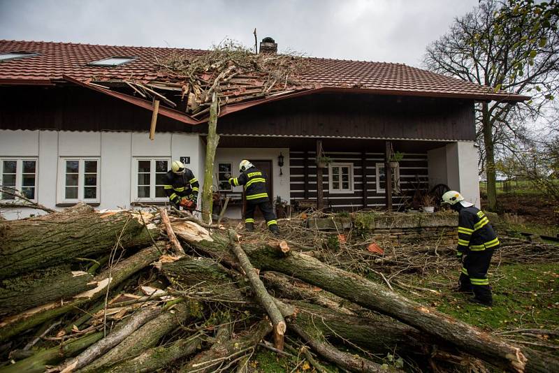 V obci Vršovka nedaleko Nového Města nad Metují spadl vzrostlý strom na dům, poškodil i zaparkovaný automobil.