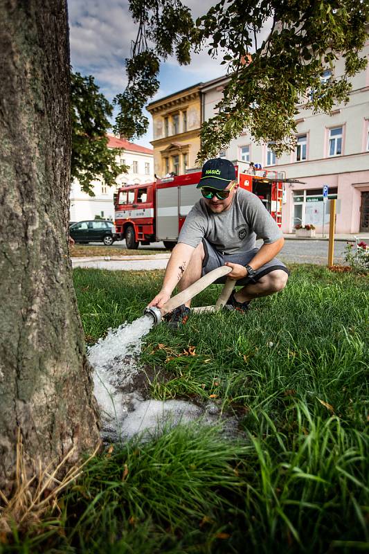 Dobrovolní hasiči z Jaroměře-Jezbin pomáhají ve městě kvůli trvajícímu suchu se zaleváním stromů v Jaroměři.