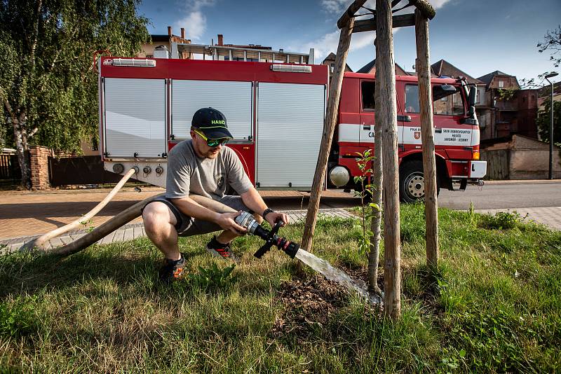 Dobrovolní hasiči z Jaroměře-Jezbin pomáhají ve městě kvůli trvajícímu suchu se zaleváním stromů v Jaroměři.