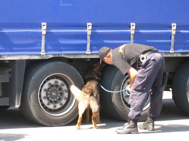 Na bývalých hranicích s Polskem v Náchodě – Bělovsi včera policisté a celníci mimo jiné kontrolovali doklady řidičů a za pomocí psa pátrali po hledaných osobách.