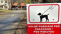 Značka upozorňující na zákaz volného pobíhání psů i s výší možné pokuty.