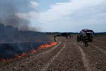 Požár pole v Rychnově nad Kněžnou hasilo sedm jednotek hasičů.