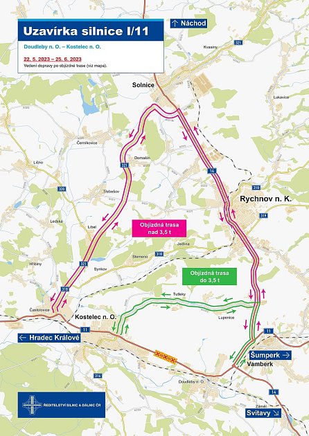 V pondělí 22. května se na měsíc uzavře silnice I/11 z Doudleb do Kostelce. Řidiči budou muset objízdnými trasami.