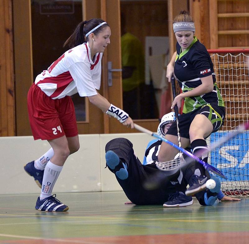 OSM GÓLŮ padlo v okresním druholigovém derby florbalistek na turnaji v Kostelci nad Orlicí. Ze zisku tří bodů se radovaly hráčky Dobrého (tmavé dresy), které porazily Dobrušku 6:2.     