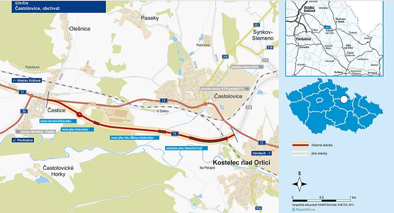 Červeně vyznačená jižní část obchvatu Častolovic s naznačením trasy východní části.