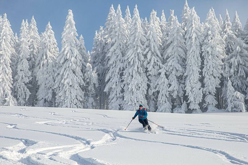 Skialpinisté v Krkonoších a Orlických horách.