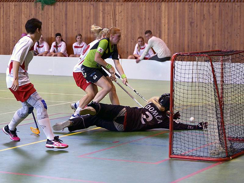 OSM GÓLŮ padlo v okresním druholigovém derby florbalistek na turnaji v Kostelci nad Orlicí. Ze zisku tří bodů se radovaly hráčky Dobrého (tmavé dresy), které porazily Dobrušku 6:2.     