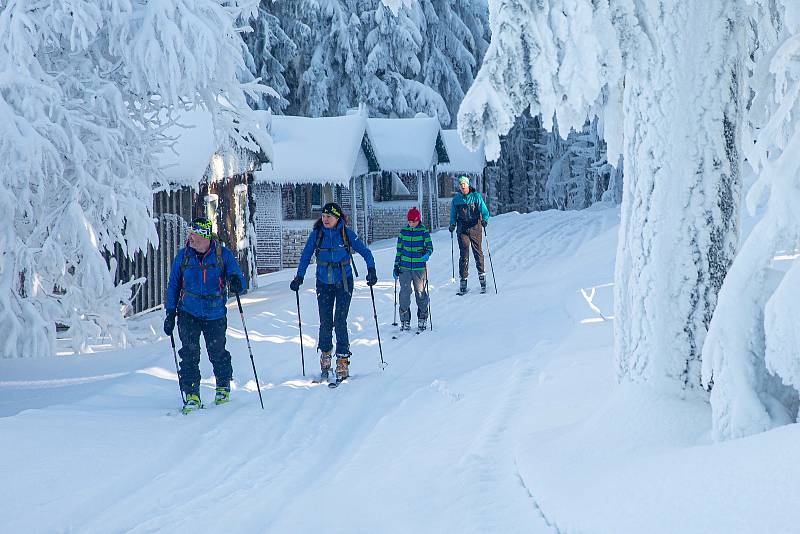 Skialpinisté v Krkonoších a Orlických horách.