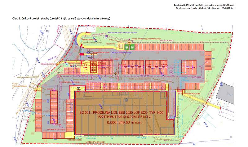 Projekční výkres stavby Lidlu s detailními zákresy.