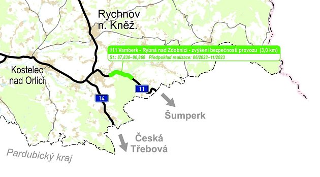Úpravou projde úsek silnice z Vamberku do Rybné nad Zdobnicí.