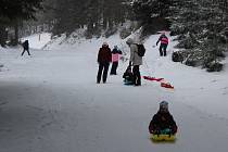 V Říčkách v sobotu pořádně chumelilo a nejen lyžaři si sněhovou nadílku užívali.