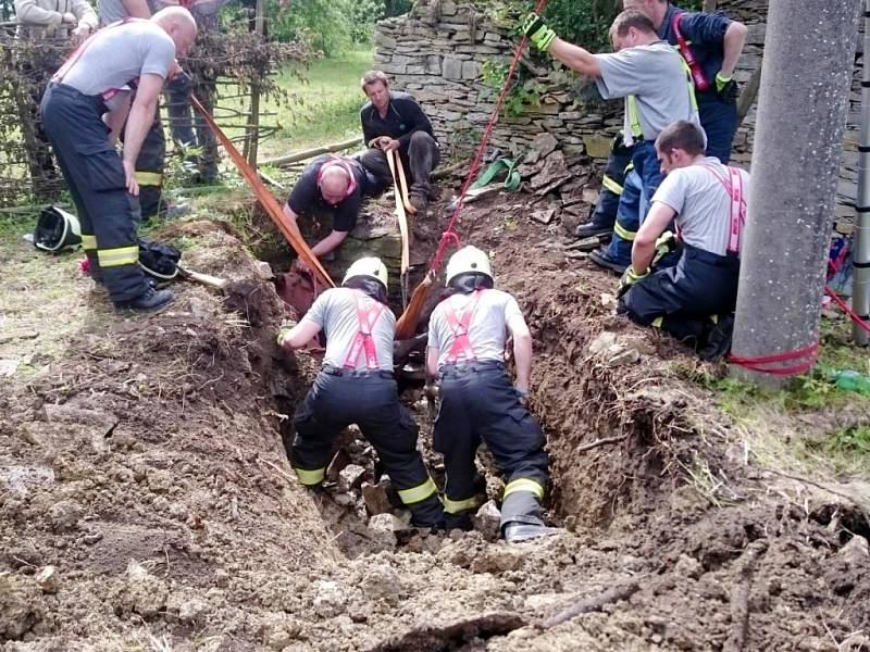 Záchrana koně spadlého do studny v Bolehošti.