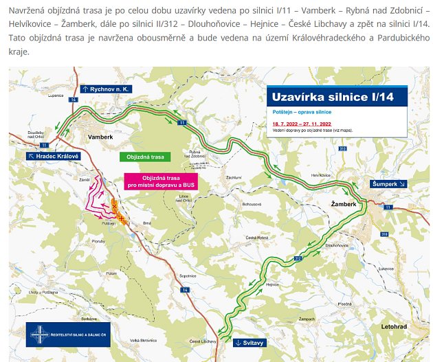 Objízdná trasa vyznačená v důsledku zavírky silnice I/14 v Potštejně.