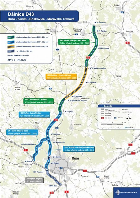 Plán výstavby D43 z Brna ke Starému Městu k D35. U Brna nakonec povede východní (pravou) variantou.