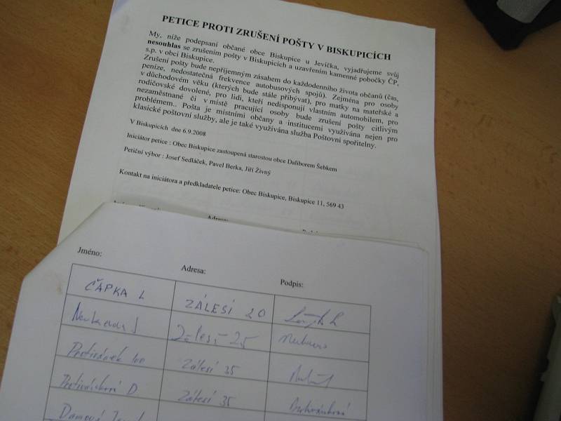 Petice proti zrušení pošty v Biskupicích