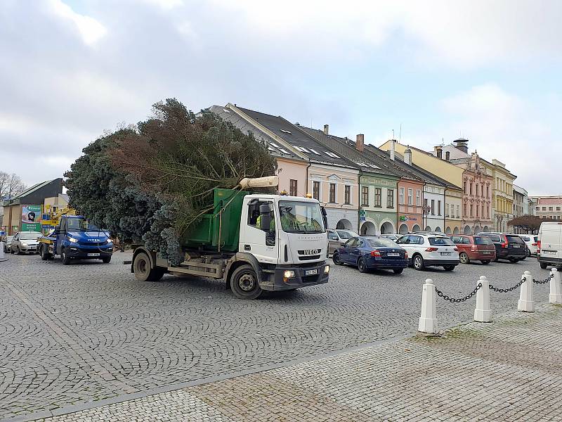 Z Rumunské ulice na náměstí Míru doputoval vánoční strom Svitav.