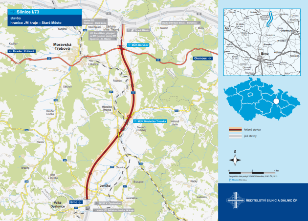 Trasa plánované I/73 v nejsevernějším úseku - od D35 k hranicím Jihomoravského kraje