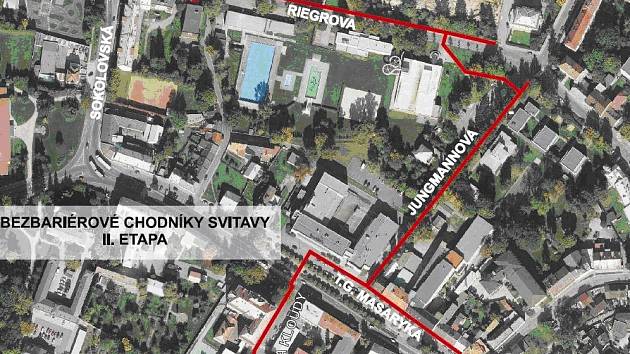 Svitavy bez bariér. Druhá etapa oprav se bude týkat v nepřerušené trase ulic T. G. Masaryka, Jungmannova, Riegrova a části ulice Richarda Kloudy. 