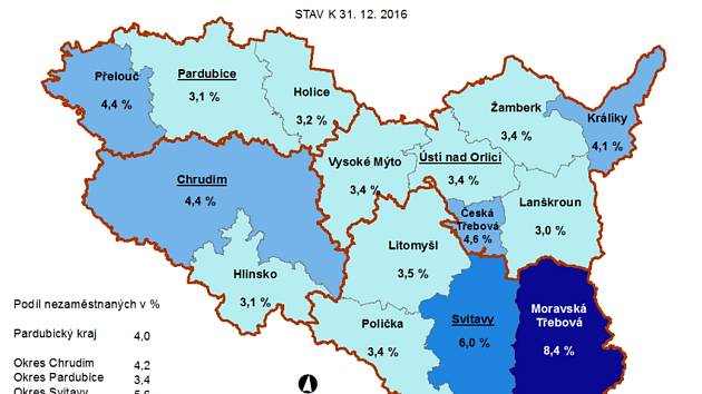 Podíl nezaměstnaných na obyvatele v obcích s rozšířenou působností Pardubického kraje 