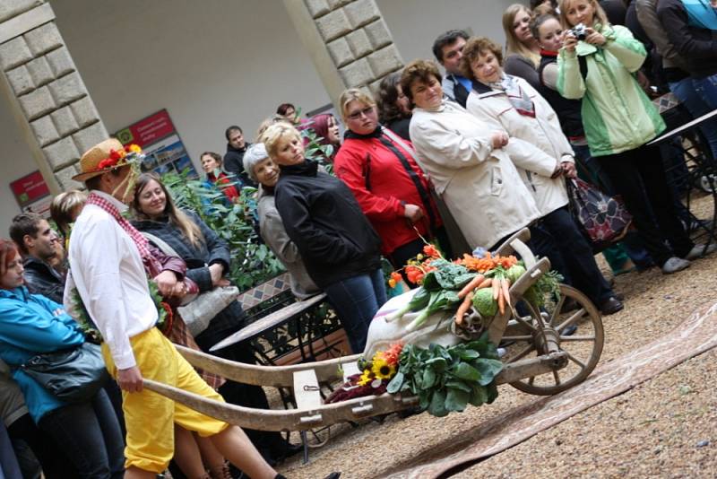 SVATBA V KROJI I V BÍLÉM.  Studenti zahradnické školy předvedli na květinové show nejdříve staročeskou svatbu a poté publikum na zámeckém nádvoří zhlédlo přehlídku současných svatebních  šatů a kytic. 